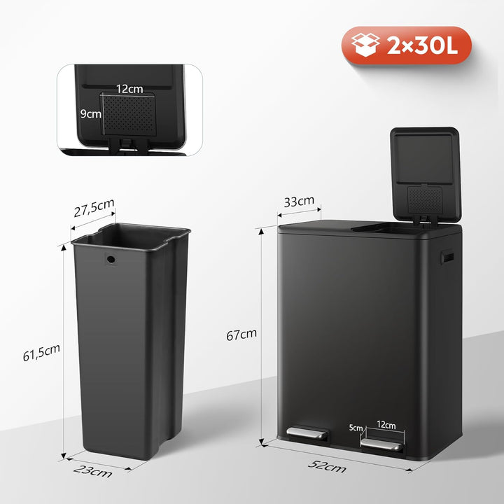 WLIVE Mülleimer 2 x 30L (60L Gesamtvolumen),Mülleimer Küche,Edelstahl Mülltrennsystem mit Mülleimer