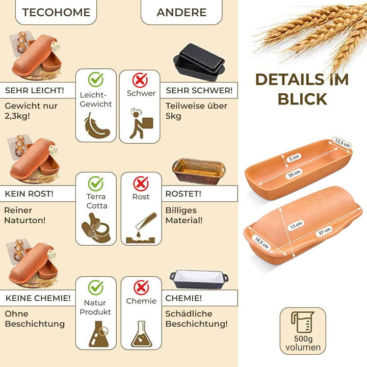 Brotbackform & Brottopf zum Brotbacken | Brotbackformen Natur-Ton mit Deckel | Tontopf Brot | Kasten