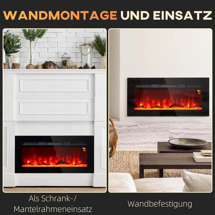 HOMCOM Elektrokamin, Wandkamin mit Heizung 1800 W, LED 3D-Flammeneffekt, Kristalle, in 3 Farben mit