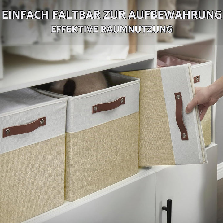 Bagnizer Faltbare Aufbewahrungsbox aus Stoff mit 2 PU-Griffe, 4er Set Beige &amp; Weiss M-33x33x33CM, Be
