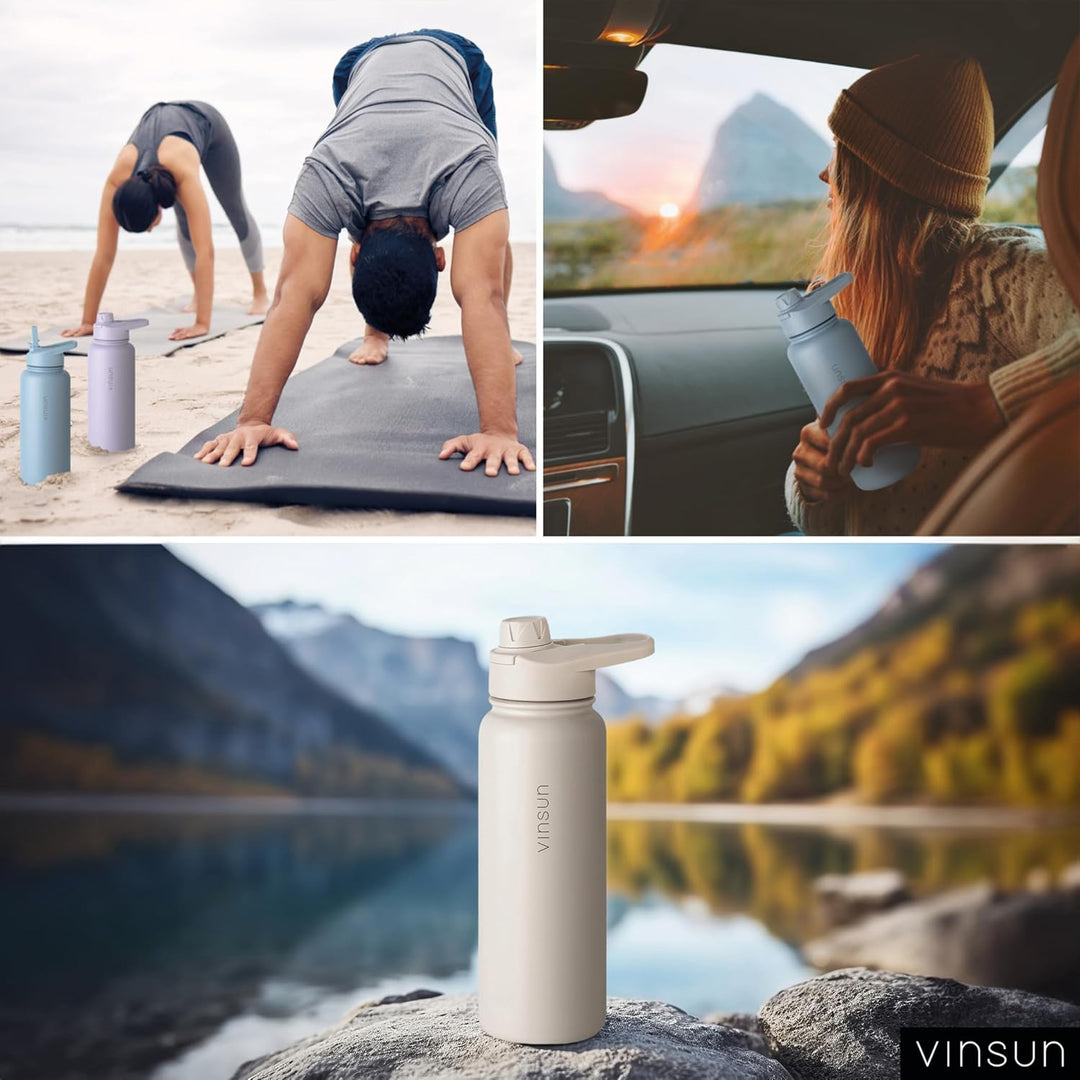 Vinsun Trinkflasche Edelstahl beige 750ml - auslaufsicher, Kohlensäure geeignet, BPA frei - Strohhal