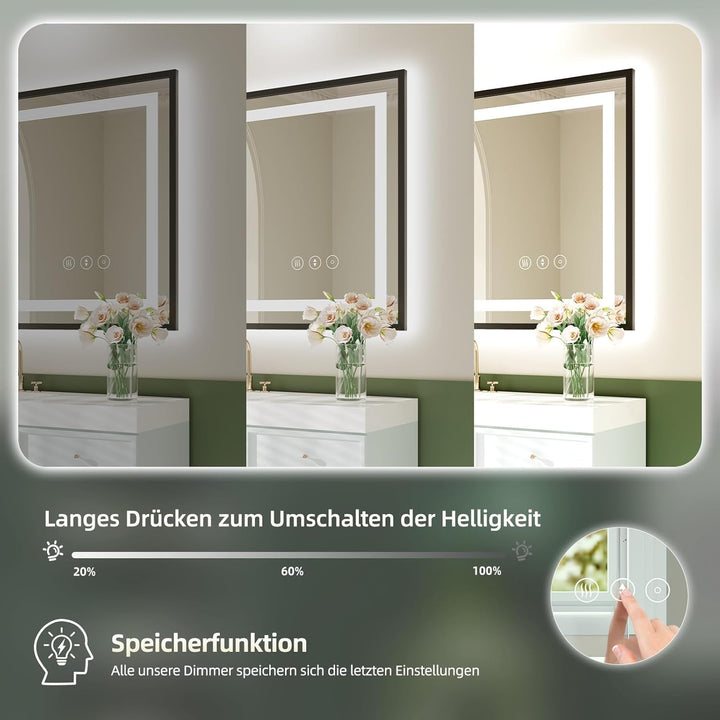 Dripex Badspiegel mit Licht Badezimmerspiegel mit Rahmen, Speicherfunktion, Touch-Schalter, Dimmbar,