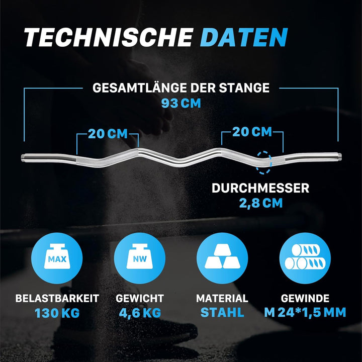 Northdeer SZ Curlstange 95cm (4,6kg) aus massivem Stahl, Ø 28mm, Stange verchromt & gerändelt, Hante