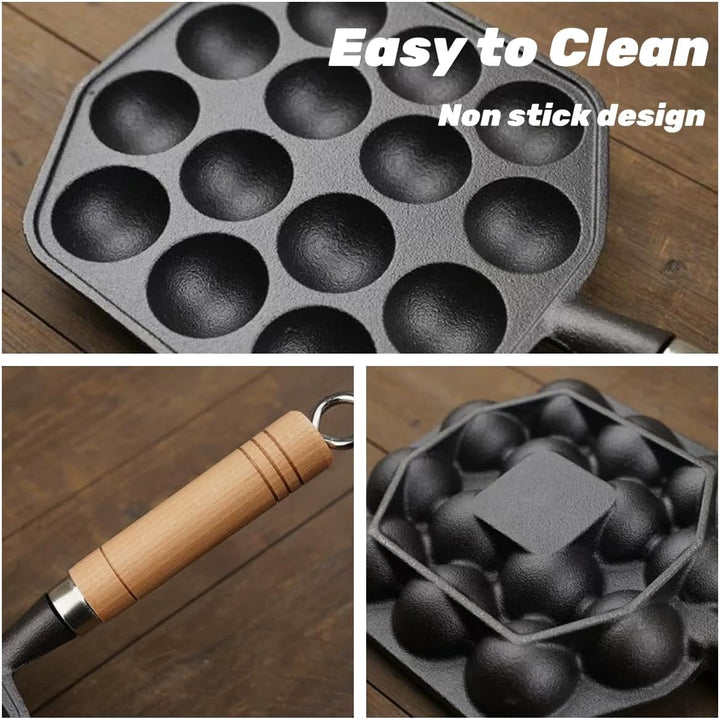 Topyond Takoyaki Pfanne,14 Löcher 3.8cm Loch Antihaft Pan Gusseisen mit Abnehmbarem Griff,Takoyaki M
