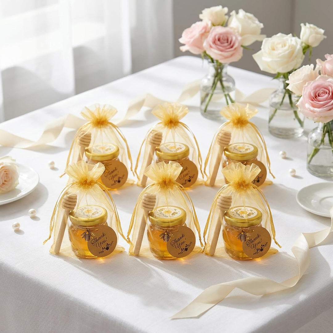 40 Pack 1,5 oz Hexagon Mini Glas Honig Gläser mit hölzernen Dippers, Bienen Anhänger, goldene Gesche