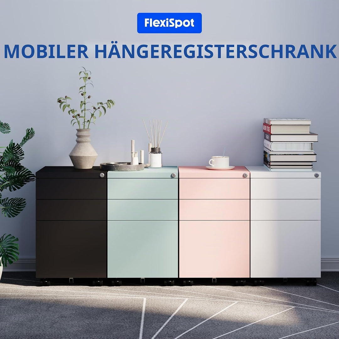FLEXISPOT Rollcontainer Kleiner Schrank mit 3 Schubladen, mobiler Aktenschrank mit Rollen, abschlies