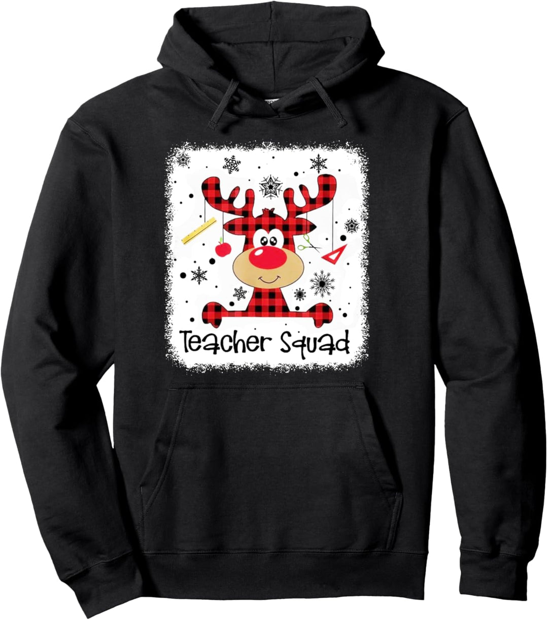 Teacher Squad Cute Red Plaid Reindeer Snow Lover Christmas Pullover Hoodie
