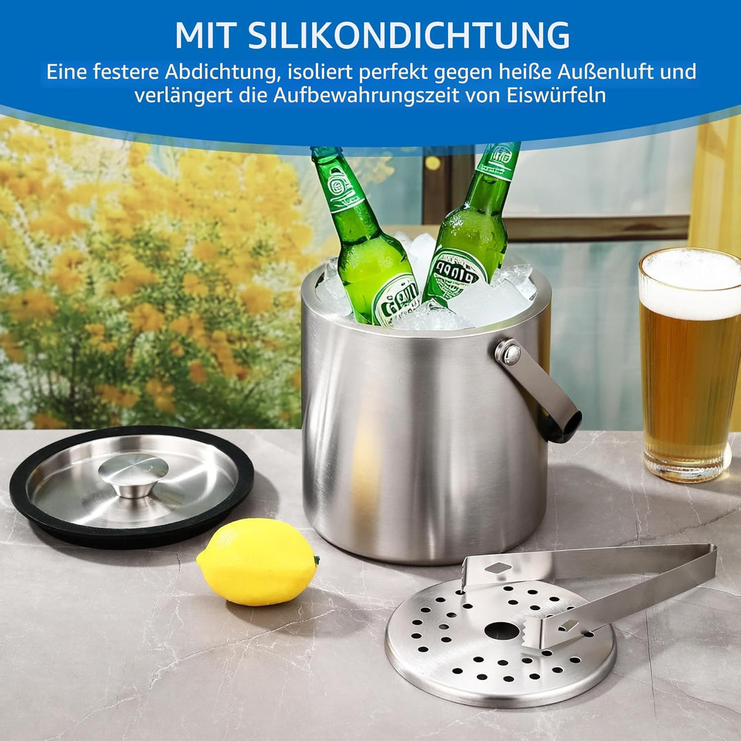 2L Eiswürfelbehälter, Eiskübel mit deckel,Eiswürfelbehälter Edelstahl mit Clips und Sieb, perfekt zu