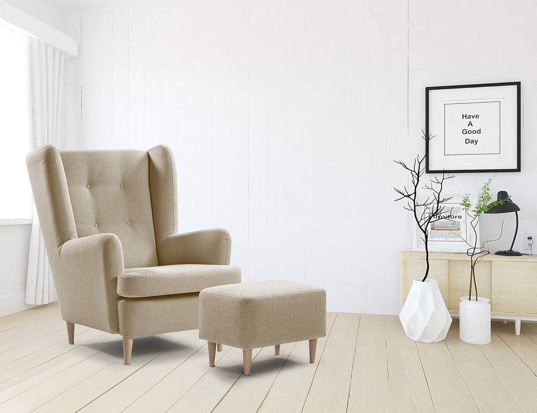 Traumnacht bequemer und moderner Fusshocker mit Holzfüssen in Beige, Öko-Tex zertifiziert, produzier