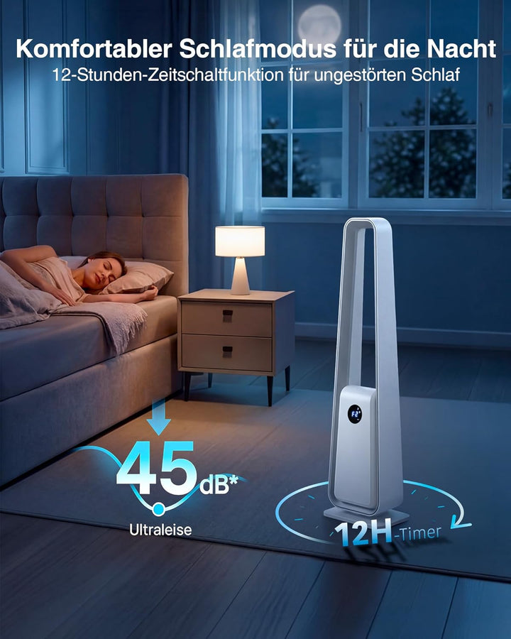Leise Rotorloser Turmventilator mit Fernbedienung: 75° Oszillation Blattloser Ventilator 3 Modi & 12