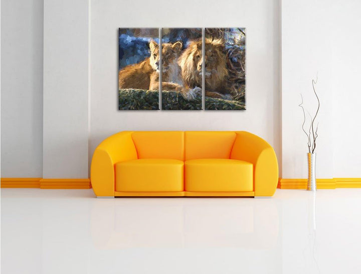 Pixxprint interessiertes Löwenpaar Kunst als Leinwandbild/Grösse: 3 Teilig (120x80) cm/Wandbild/Kuns