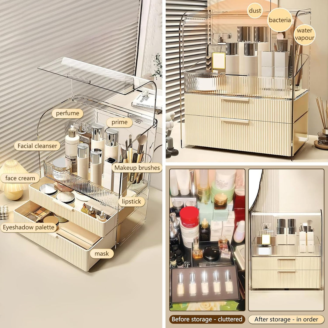 DASITON Make Up Organizer mit Schubladen,Staubdichte Dreilagige Kosmetik Aufbewahrung mit Deckel,Gro