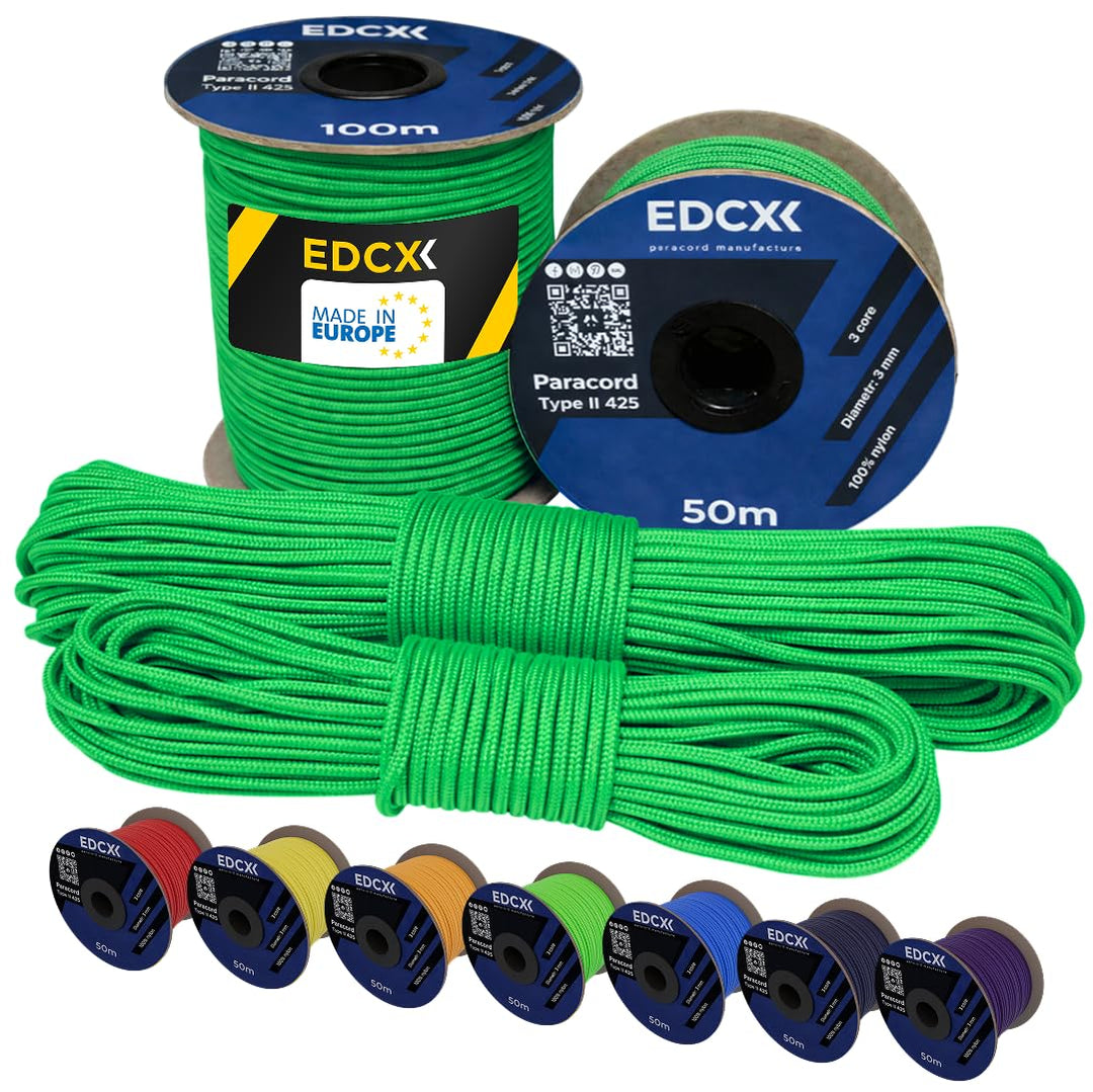 EdcX 3mm Nylon Paracord 425 (15, 30, 50 und 100m) - Typ II, 100% Nylonseil, 3 Litzen Seil, 3mm Nylon