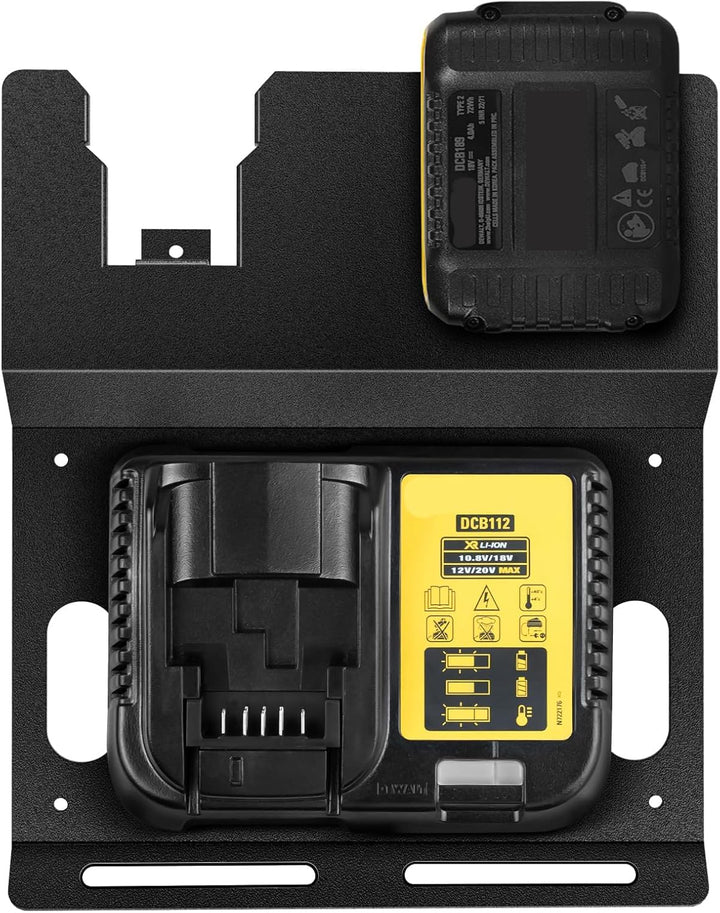 JYiuog Wandhalterung für DeWalt 20V Akku und DCB112 Ladegerät, robuster Metall Schwarz 2 Akkuhalter