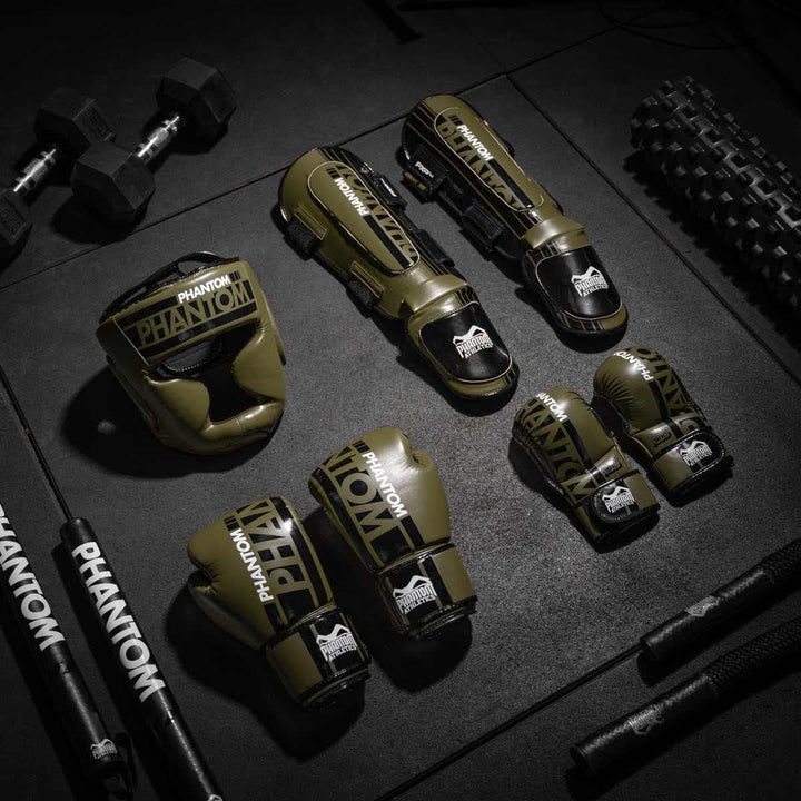 Phantom Schienbeinschoner mit Spannschutz, Kampfsport, MMA, Kickboxen, Muay Thai APEX Hybrid - Army