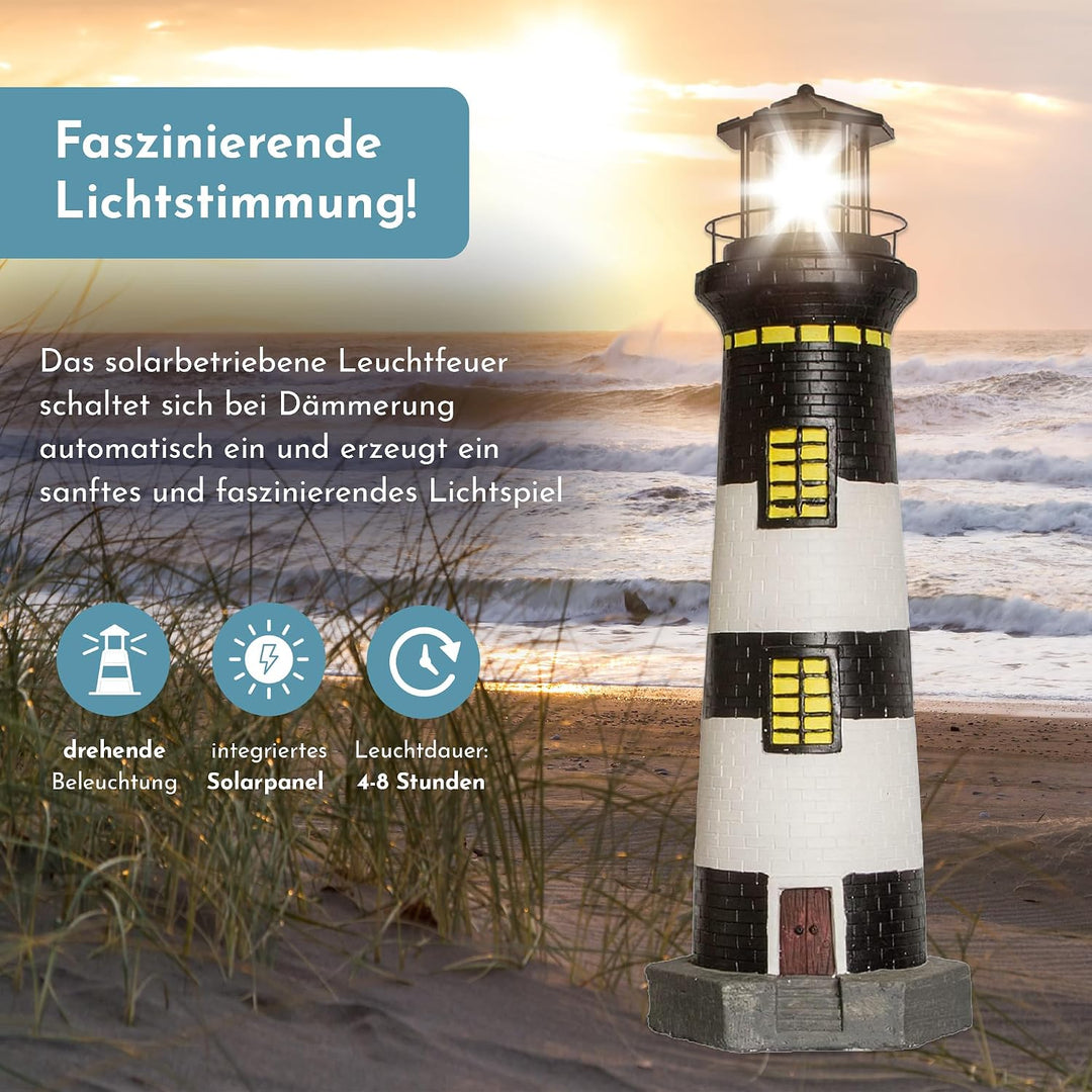 NATIV LEMODO Gartendeko Leuchtturm 83cm hoch | Handbemalte Gartenfigur mit solarbetriebenem, rotiere