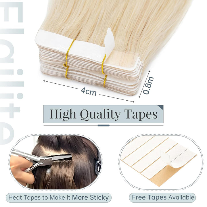 Elailite Echthaar Extensions Tape in Extensions 20 Stück 50g/set, Glattes Haarverlängerungen 60cm 