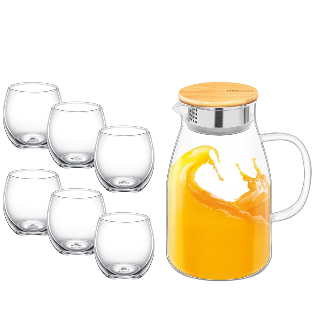 Wilmax Glaskrug 1,9L mit 6 Wassergläser 310ml im Set | Getränkeset | Wasserkrug für Saft, Wasser, Ei