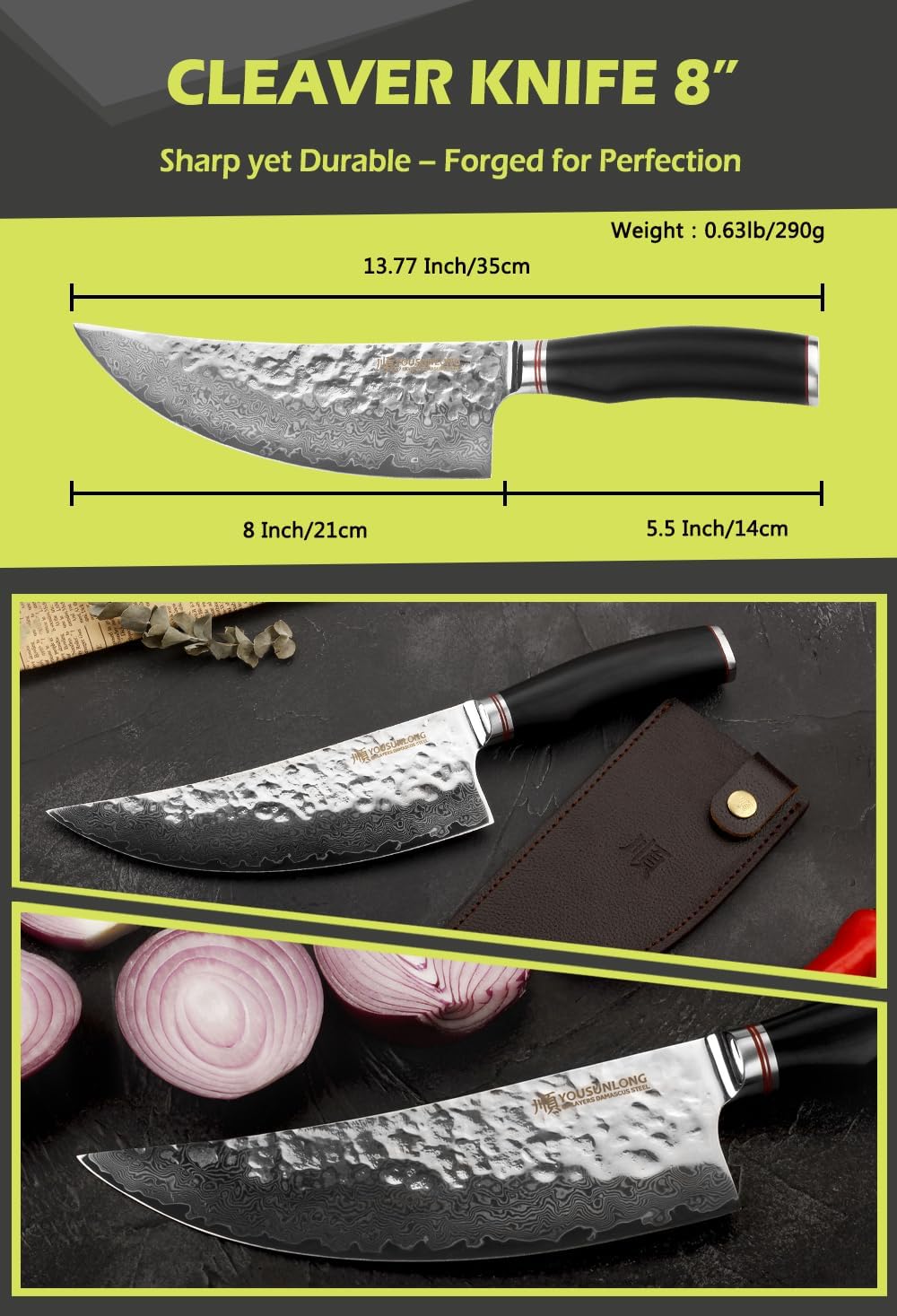 YOUSUNLONG Hackmesser Outdoor Damaststahl Metzgermesser Klinge 20,6 cm - Geschmiedeter Fleischermess