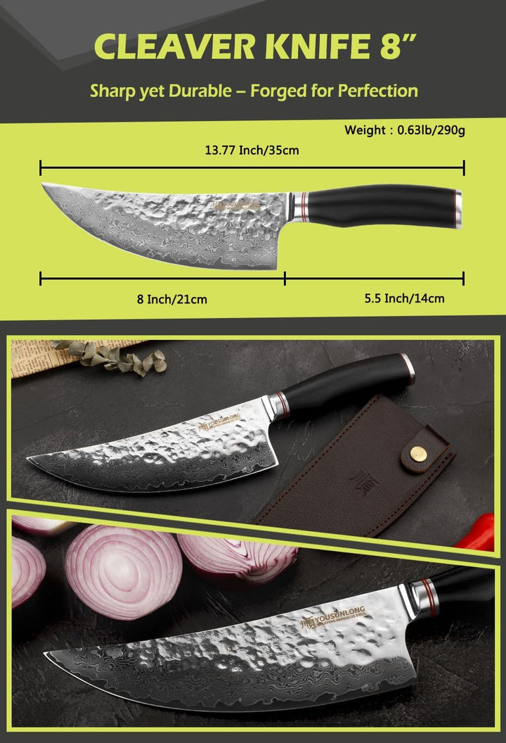 YOUSUNLONG Hackmesser Outdoor Damaststahl Metzgermesser Klinge 20,6 cm - Geschmiedeter Fleischermess