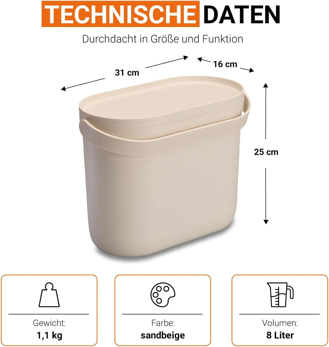 GARANTIA NOVA Biomülleimer Küche 8L Sandbeige Geruchsdichter Komposteimer | für Küchenabfälle Kleine