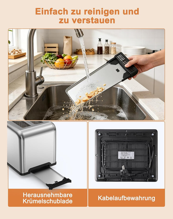 Toaster 4 Scheiben, Toaster Edelstahl mit Touchscreen, 8 Bräunungsstufen, Auftauen & Aufwärmen Funkt