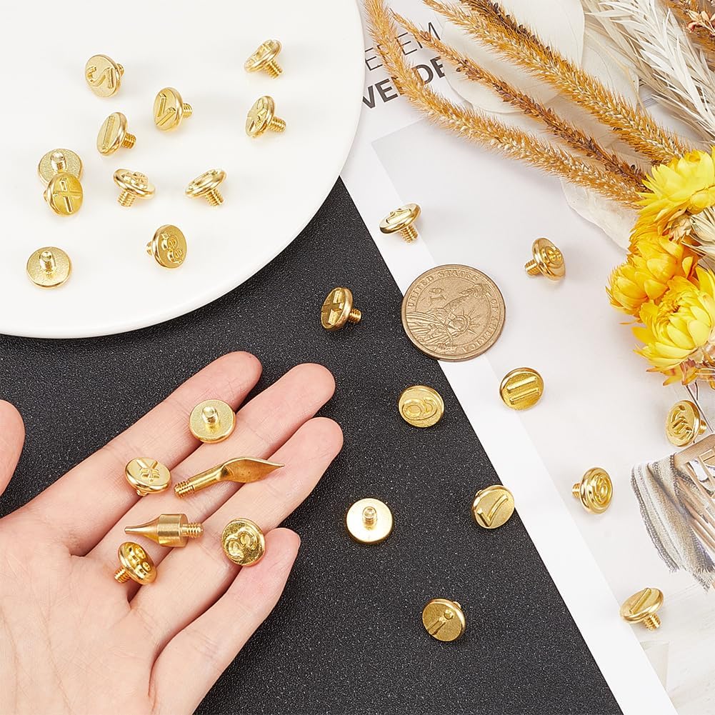 GORGECRAFT 26 Stück Holzbrennspitzen Set Goldenes Messing Kupfer Set Zahlensymbol Lötschablone Leder