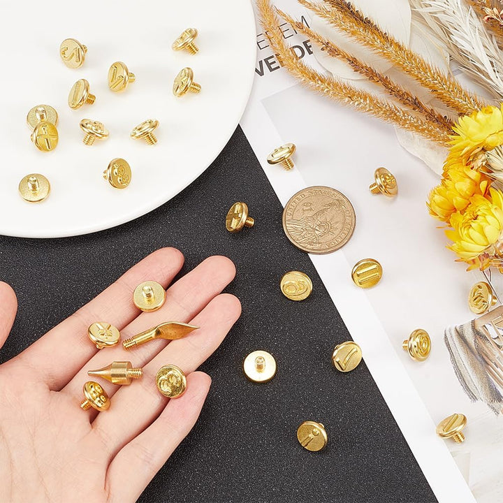 GORGECRAFT 26 Stück Holzbrennspitzen Set Goldenes Messing Kupfer Set Zahlensymbol Lötschablone Leder