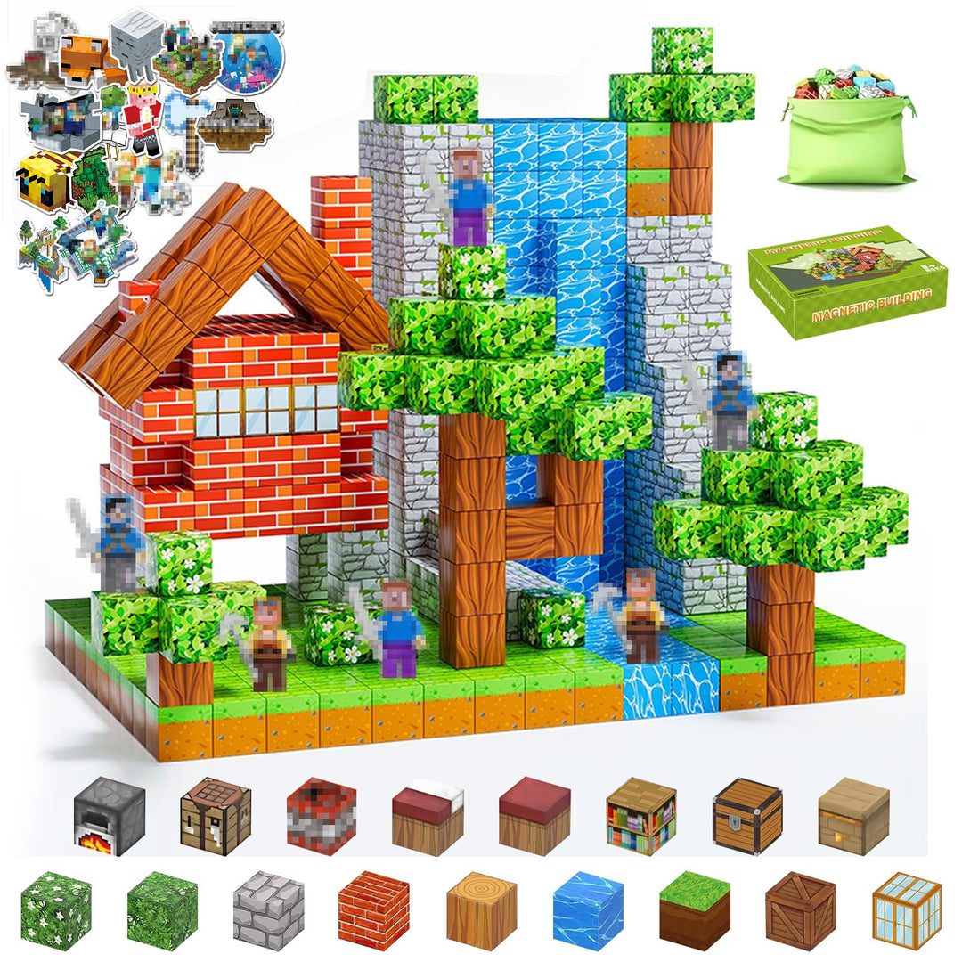 Magnetische Bausteine 150 Stück, Magnetbausteine Set mit 6 Minenarbeiter Figuren & 20 Aufklebern, 3D
