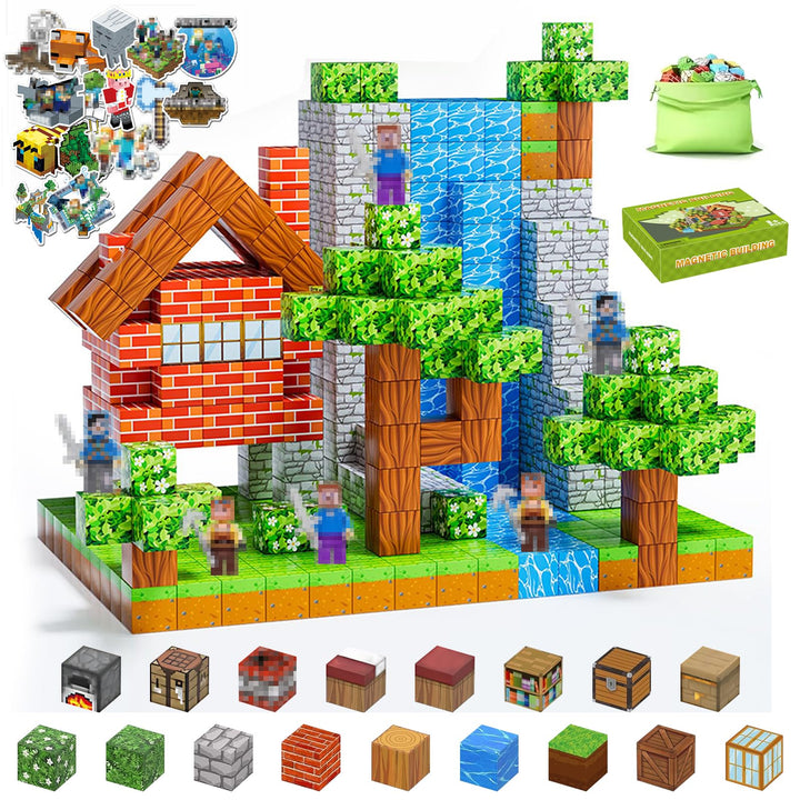 Magnetische Bausteine 150 Stück, Magnetbausteine Set mit 6 Minenarbeiter Figuren & 20 Aufklebern, 3D