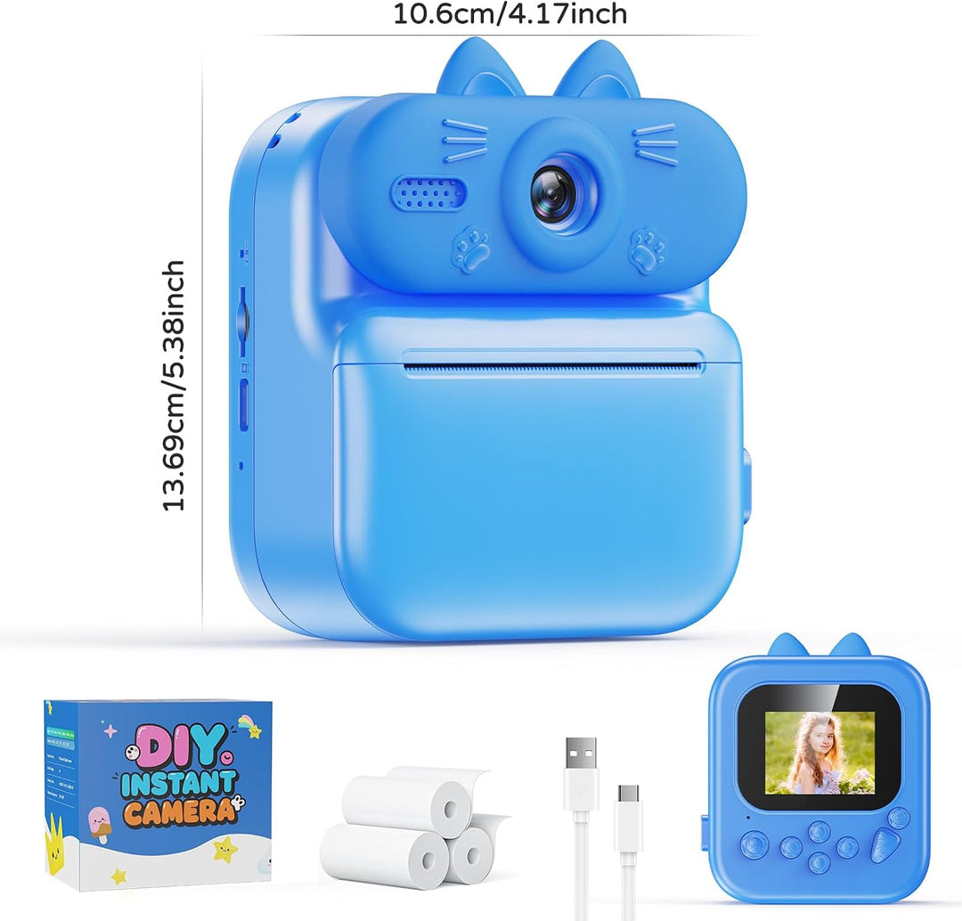Kinder Sofortbildkamera mit Sofortdruck, 48MP Kamera (Katze-Blau) | Kinderkamera mit Druckpapier, 10