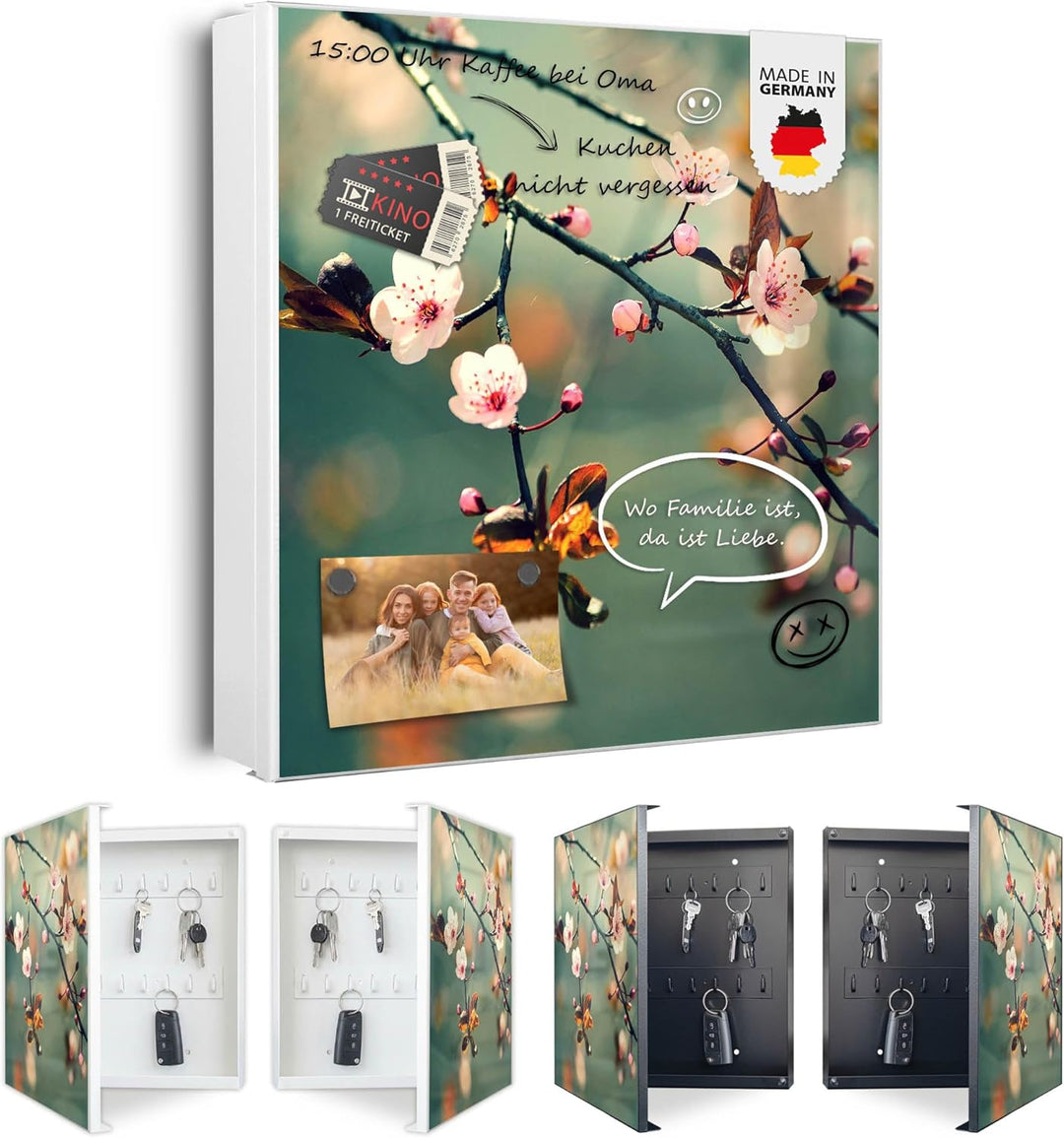 banjado® Grosser Schlüsselkasten Glas/Schlüsselbox 30cm x 30cm mit 50 Haken - Motiv Japankirsche/Sch