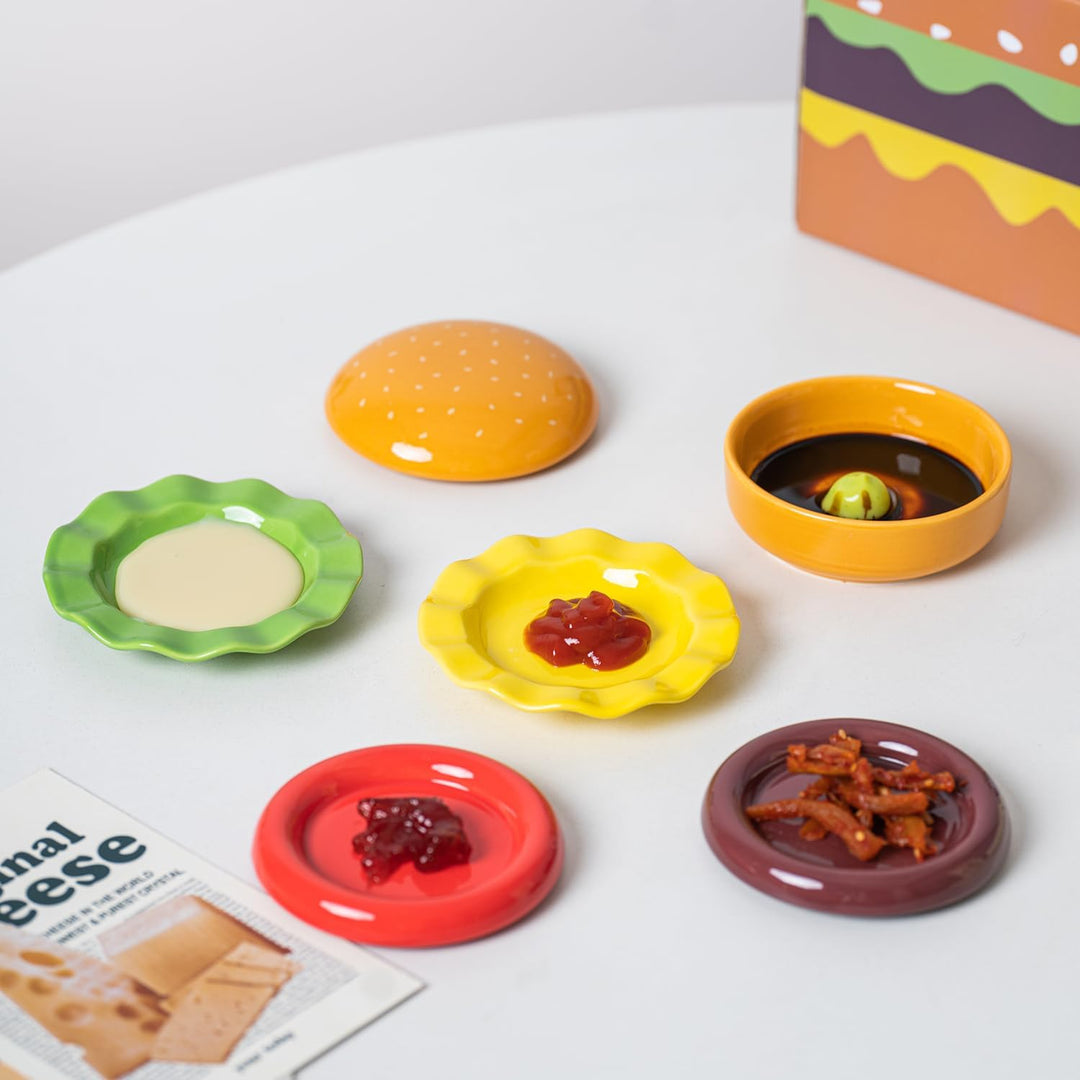 Mini Keramik Sauce Teller Sets (6 Stück), Cute Hamburg Style Dessert Teller & Snack Schalen mit Deck