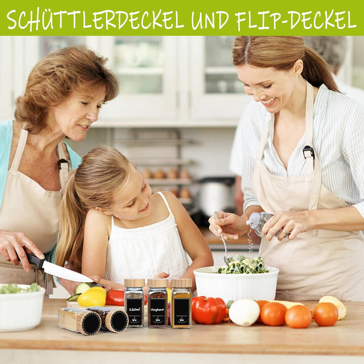 UISEBRT Gewürzgläser Eckig Set 12er Gewürzbehälter mit Etiketten Spice Jars Gewürzdosen Glas 120ML G
