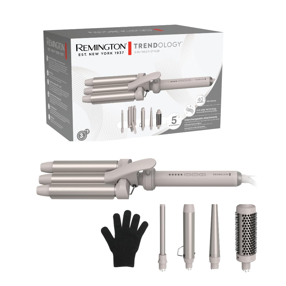 Remington Lockenstab 5in1 [Welleneisen, Rundbürste 38mm, 3 Lockenaufsätze 13-33mm] Trendology (LED d