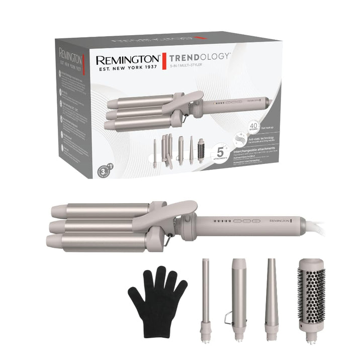 Remington Lockenstab 5in1 [Welleneisen, Rundbürste 38mm, 3 Lockenaufsätze 13-33mm] Trendology (LED d