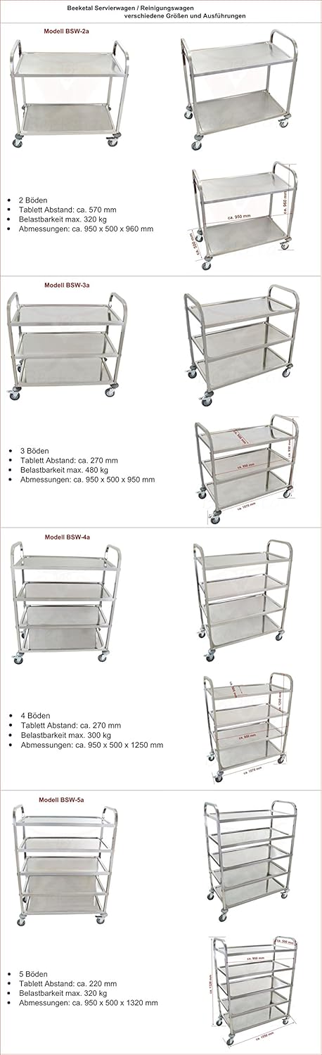 Beeketal 'BSW-3a' Edelstahl Servierwagen Transportwagen mit 3 Böden und Kantrohrgestell (belastbar b