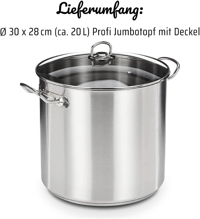 GSW 643474 Profi Jumbotopf mit Glasdeckel 30x28cm / ca. 20,0 Liter, Edelstahl, Silber, 30 cm , 1er P