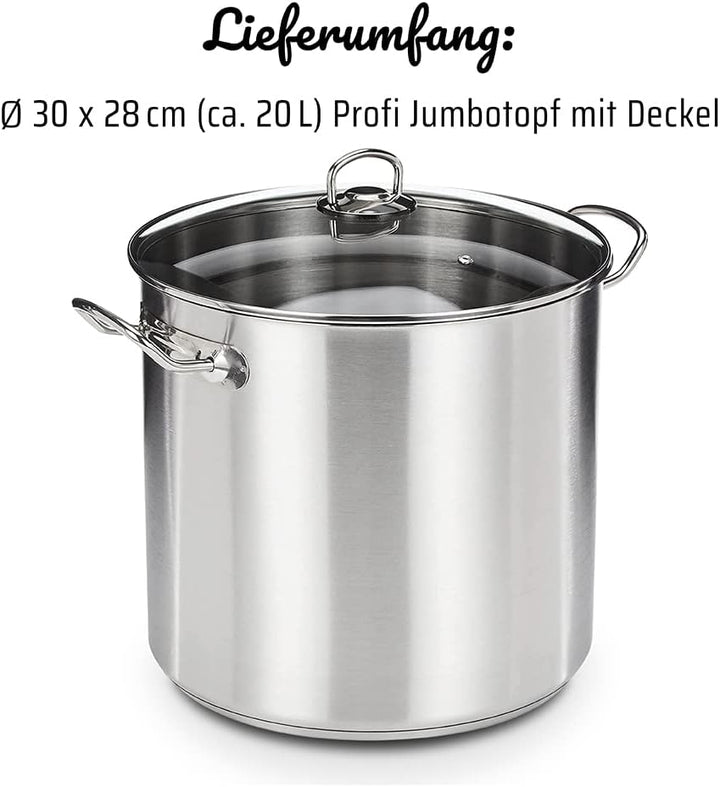 GSW 643474 Profi Jumbotopf mit Glasdeckel 30x28cm / ca. 20,0 Liter, Edelstahl, Silber, 30 cm , 1er P