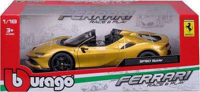 Bburago Ferrari SF90 Spider: Modellauto im Massstab 1:18, Ferrari Race & Play Serie, Kofferraum, Mot