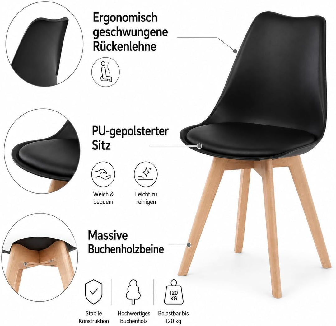 EGGREE 6er Set Esszimmerstühle mit Massivholz Buche Bein SGS Geprüfter, Retro Design Gepolsterter St