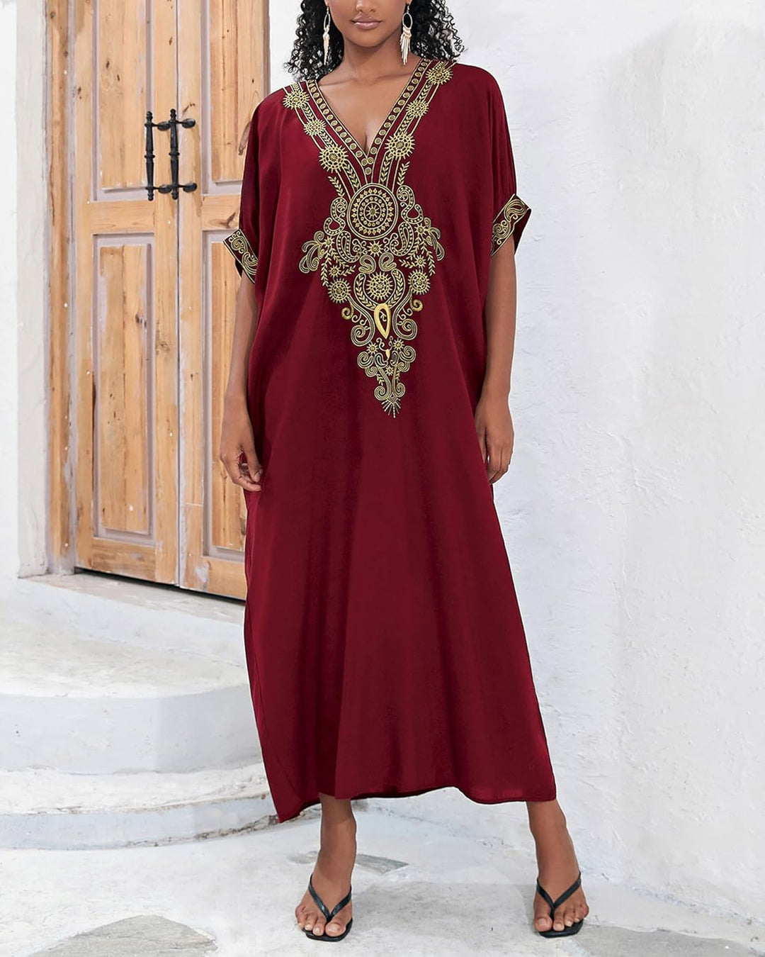 Bsubseach Damen Stickerei Kurzarm Bikini Strandkleid Side Split Beach Kaftan Kleid L-maroon, L-maroo