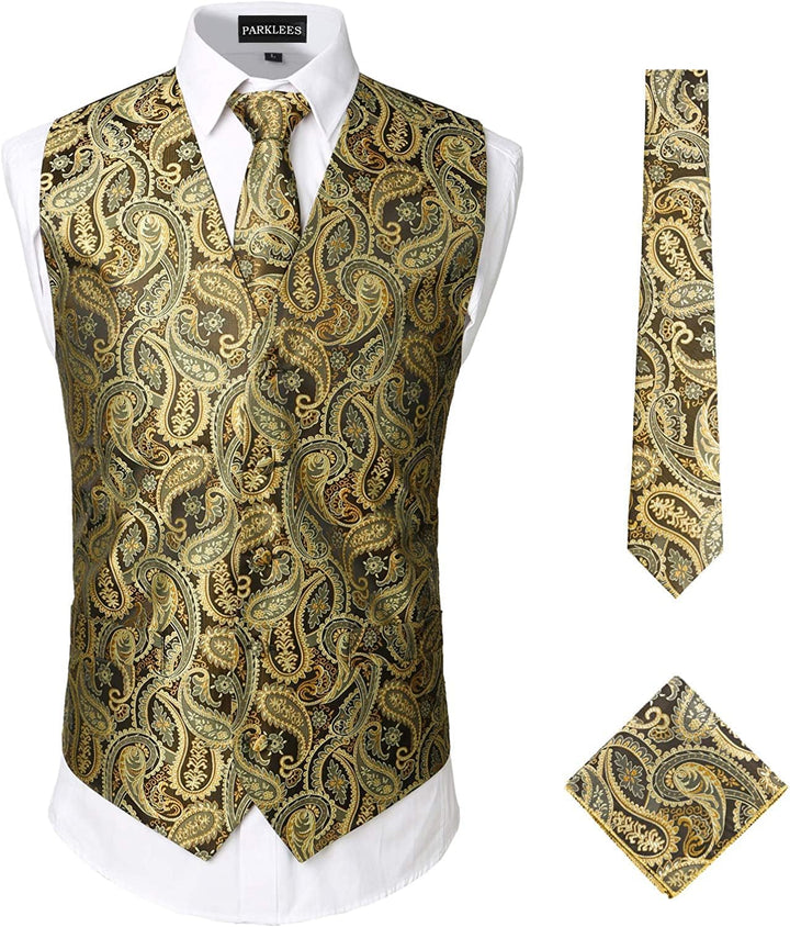 PARKLEES Klassische Herren-Weste, 3-teilig, Paisleymuster, Krawatte, Einstecktuch, Set, Hochzeit, Ab