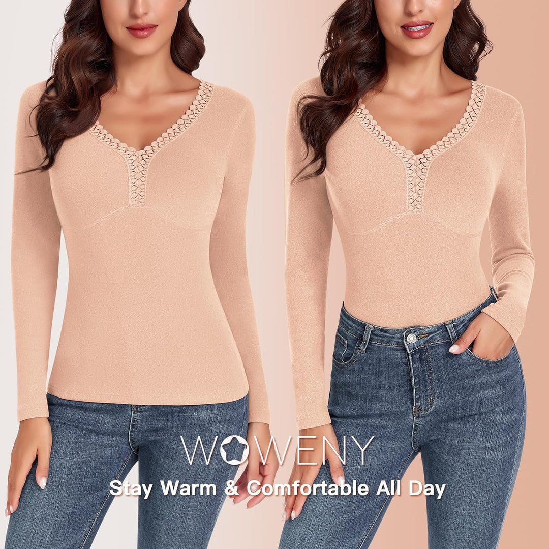 WOWENY Thermo Trägershirt Langarmshirt Damen Tank Top mit Spitze Ärmellose/Langarm Elegant Top Unter