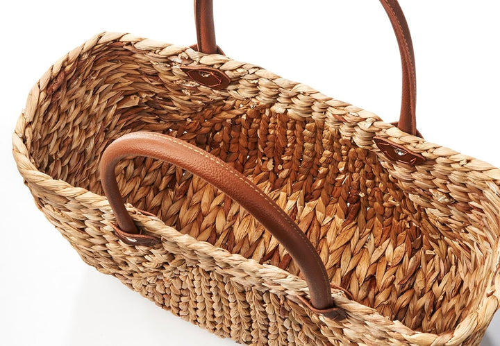 Kobolo Tasche Wasserhyazinthe, 45x18x29 cm, braune, geflochtene Henkeltasche mit robusten Kunstleder