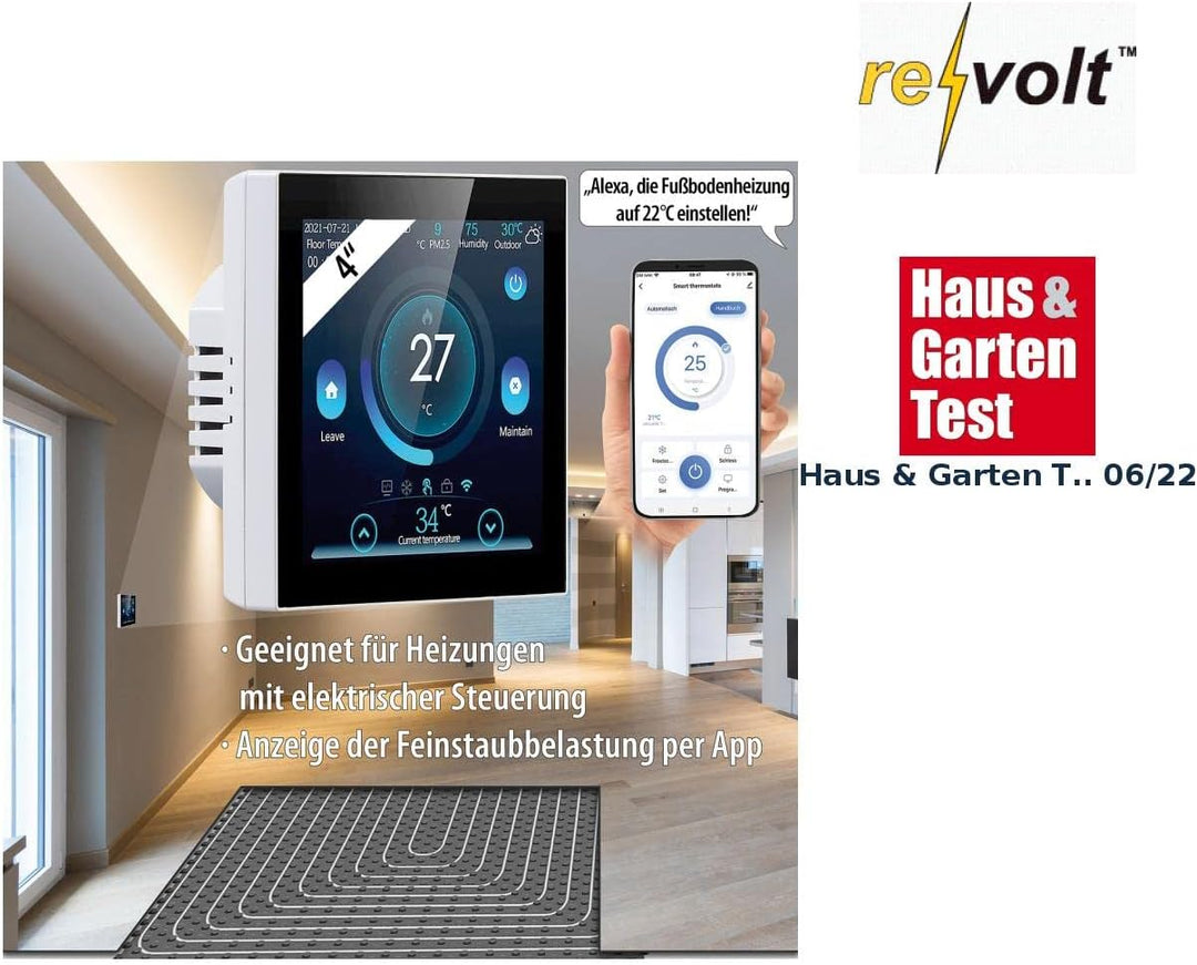 revolt Thermostat Fussboden: WLAN-Fussbodenheizung-Thermostat mit Touchdisplay, Feinstaub-Anzeige (F