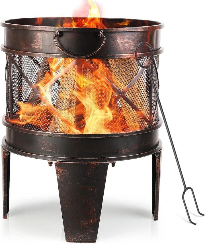 Feuerschale 58 x 42 cm, Feuerkorb, Feuerschale Rund in Antik-Rost-Optik, Kamin mit Griff und Schürha