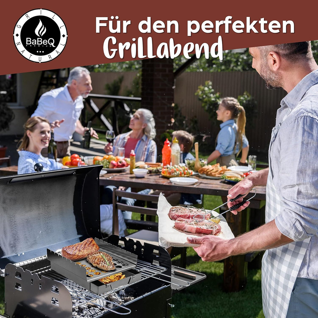 All-in-One Grillhalter aus Edelstahl für Grillspiesse, als Grillkorb, Grillpfanne inkl. Hähnchenbrät