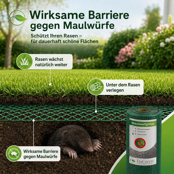 EraGreen® Maulwurfgitter 80 m x 1,2 m Breite Inklusive 80 Erdanker GRATIS - Maulwurfschutz für Rollr