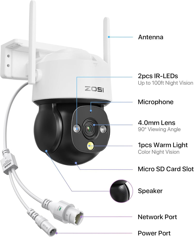 ZOSI 4MP WLAN Überwachungskamera Aussen, Pan/Tilt WiFi Dome Kamera mit Plug-in Strom, 360°/140° Schw